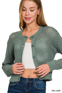 Lanie Open Weave Crochet Cardigan – Lightweight Button Front Sweater