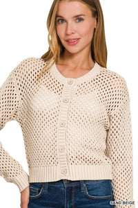 Lanie Open Weave Crochet Cardigan – Lightweight Button Front Sweater