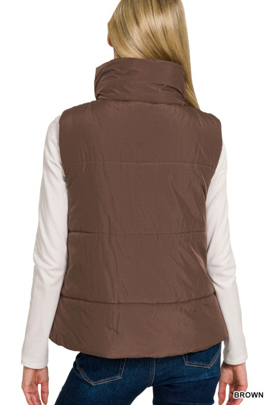 Oakley High Neck Puffer Vest – Fall Layering Essential in Red, Brown, Sand Beige & Dark Olive