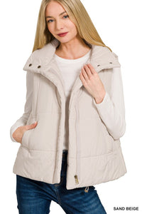 Oakley High Neck Puffer Vest – Fall Layering Essential in Red, Brown, Sand Beige & Dark Olive