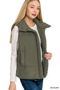 Oakley High Neck Puffer Vest – Fall Layering Essential in Red, Brown, Sand Beige & Dark Olive