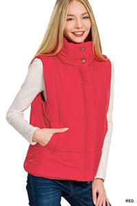 Oakley High Neck Puffer Vest – Fall Layering Essential in Red, Brown, Sand Beige & Dark Olive