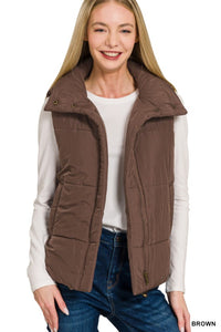 Oakley High Neck Puffer Vest – Fall Layering Essential in Red, Brown, Sand Beige & Dark Olive
