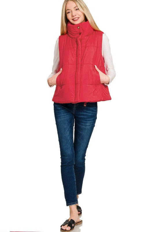 Oakley High Neck Puffer Vest – Fall Layering Essential in Red, Brown, Sand Beige & Dark Olive