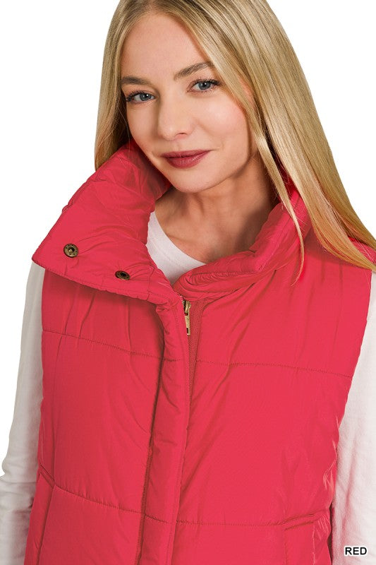 Oakley High Neck Puffer Vest – Fall Layering Essential in Red, Brown, Sand Beige & Dark Olive