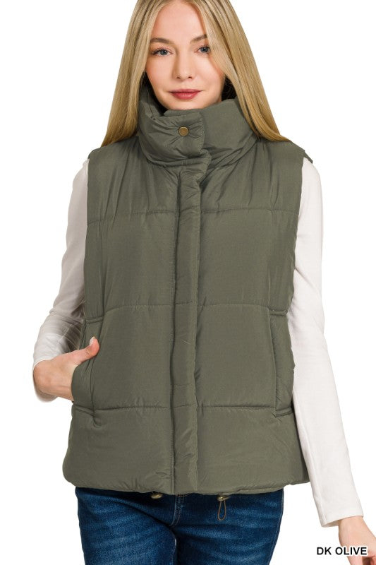 Oakley High Neck Puffer Vest – Fall Layering Essential in Red, Brown, Sand Beige & Dark Olive