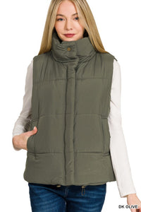 Oakley High Neck Puffer Vest – Fall Layering Essential in Red, Brown, Sand Beige & Dark Olive