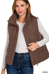 Oakley High Neck Puffer Vest – Fall Layering Essential in Red, Brown, Sand Beige & Dark Olive