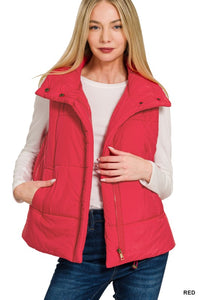 Oakley High Neck Puffer Vest – Fall Layering Essential in Red, Brown, Sand Beige & Dark Olive