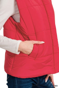 Oakley High Neck Puffer Vest – Fall Layering Essential in Red, Brown, Sand Beige & Dark Olive