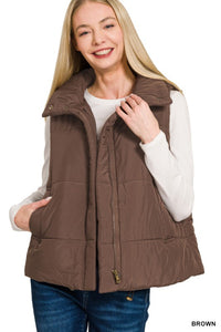 Oakley High Neck Puffer Vest – Fall Layering Essential in Red, Brown, Sand Beige & Dark Olive