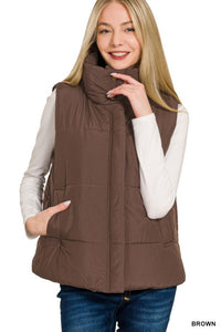 Oakley High Neck Puffer Vest – Fall Layering Essential in Red, Brown, Sand Beige & Dark Olive