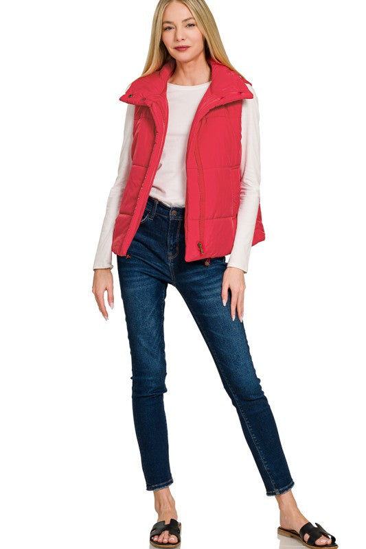 Oakley High Neck Puffer Vest – Fall Layering Essential in Red, Brown, Sand Beige & Dark Olive