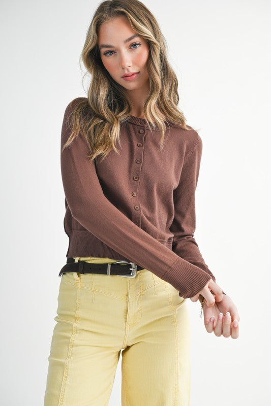 Willa Button-Up Cropped Cardigan: – Classic Ribbed Trim Knit