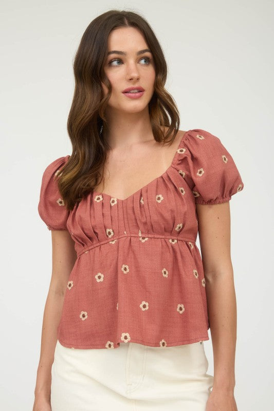 Rosewood Meadow Puff Sleeve Daisy Top – Square Neck Floral Blouse