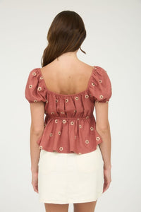 Rosewood Meadow Puff Sleeve Daisy Top – Square Neck Floral Blouse