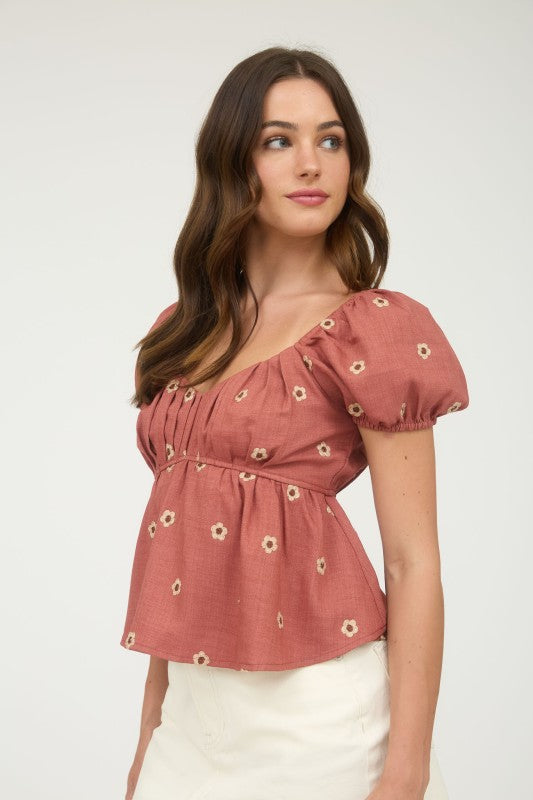 Rosewood Meadow Puff Sleeve Daisy Top – Square Neck Floral Blouse