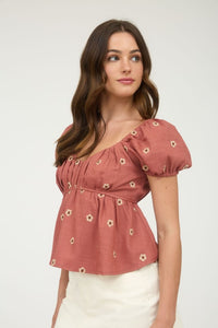 Rosewood Meadow Puff Sleeve Daisy Top – Square Neck Floral Blouse