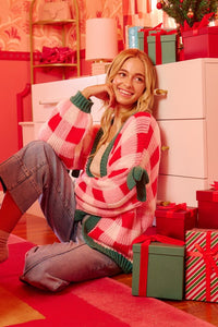 Holly Jolly Check Knit Cardigan – Pink & Red Plaid Christmas Sweater with Ribbon Detail