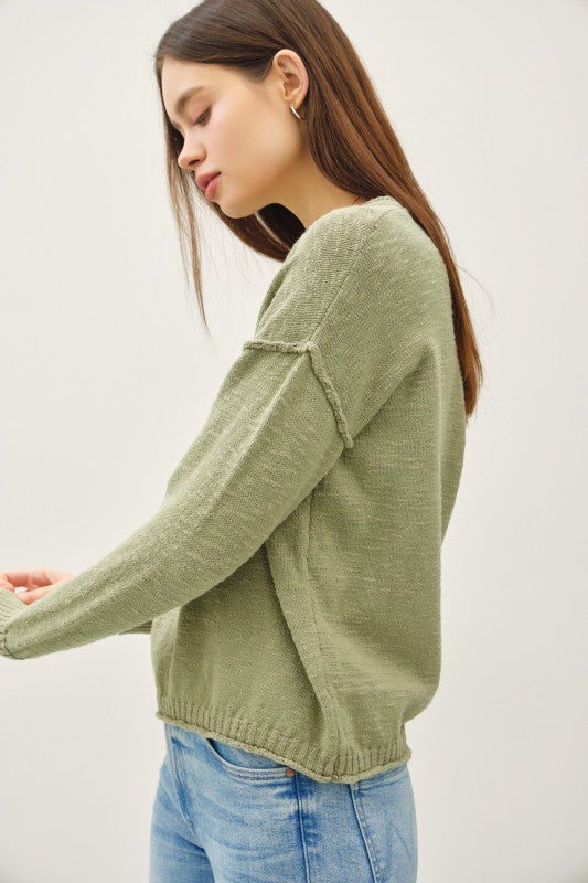 The Maeve Raw Seam Cotton Sweater – Cropped Relaxed Knit Pullover: Sage