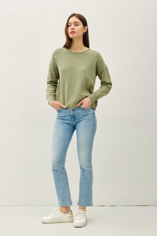 The Maeve Raw Seam Cotton Sweater – Cropped Relaxed Knit Pullover: Sage