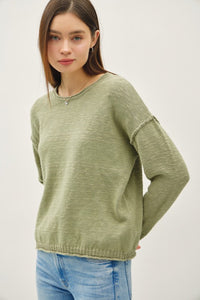 The Maeve Raw Seam Cotton Sweater – Cropped Relaxed Knit Pullover: Sage