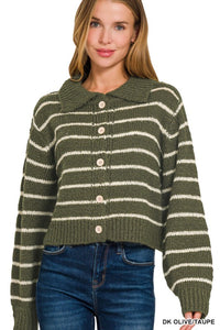 Willow Striped Collared Button Cardigan – Olive & Taupe Knit Sweater