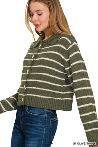 Willow Striped Collared Button Cardigan – Olive & Taupe Knit Sweater