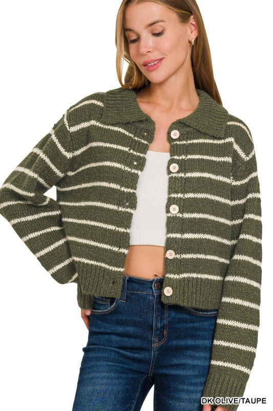 Willow Striped Collared Button Cardigan – Olive & Taupe Knit Sweater