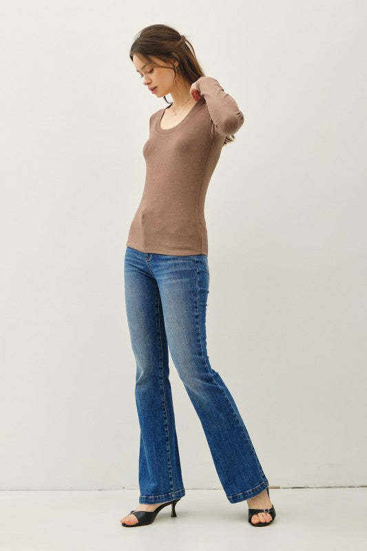Harper Modal Long Sleeve Scoop Neck Tee – Slim Fit Essential Layering Top (Brown, White, Black)