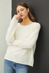 The Eliza Waffle Knit Sweater: Ivory – Relaxed Drop Shoulder Pullover