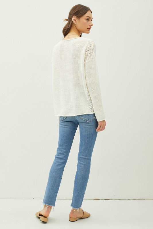 The Eliza Waffle Knit Sweater: Ivory – Relaxed Drop Shoulder Pullover