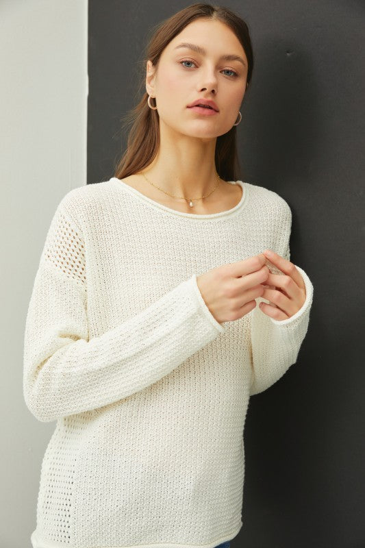 The Eliza Waffle Knit Sweater: Ivory – Relaxed Drop Shoulder Pullover