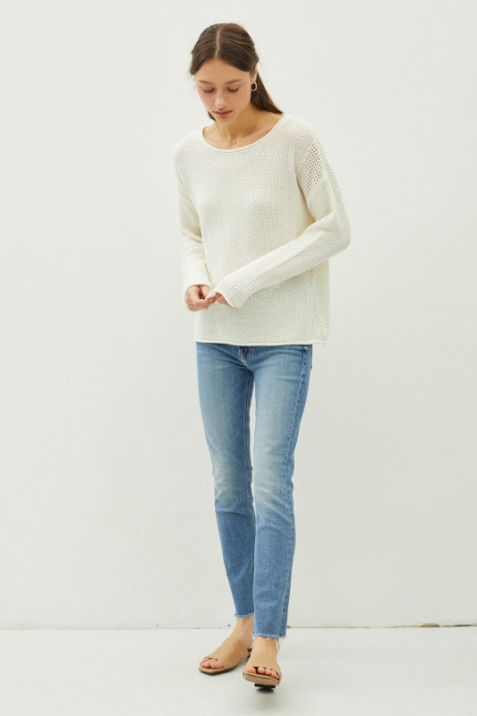 The Eliza Waffle Knit Sweater: Ivory – Relaxed Drop Shoulder Pullover