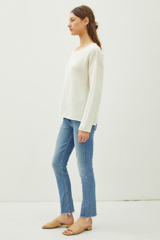 The Eliza Waffle Knit Sweater: Ivory – Relaxed Drop Shoulder Pullover