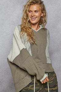 Notched Neck Contrast Fabric Basic Long Sleeve Top SALE: GREY MULTI / L