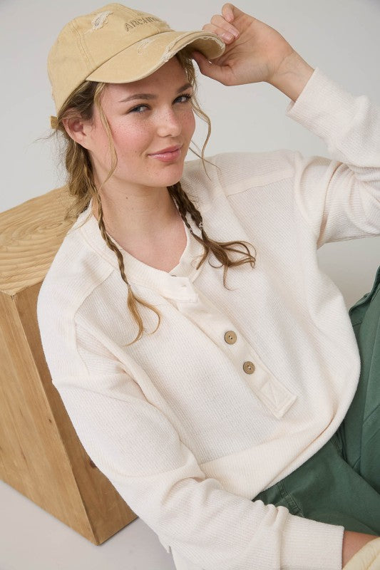 The Brielle Ribbed Henley Top: Burgundy and Cream – Relaxed Waffle Knit Button Pullover