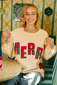 The Holly Jolly Plaid “Merry” Sweatshirt – Cream