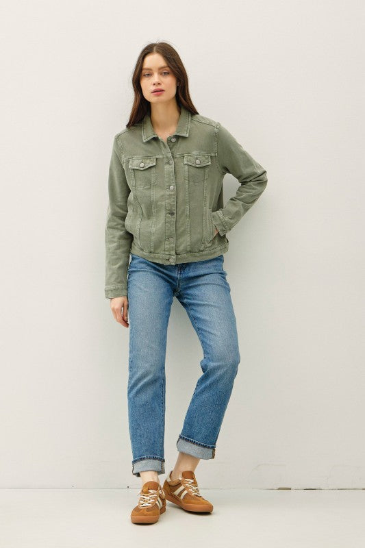 Sierra Soft Stretch Denim Shacket – Olive Green Button Front Shirt Jacket