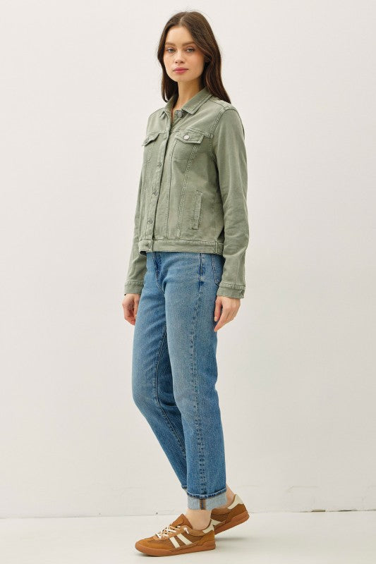 Sierra Soft Stretch Denim Shacket – Olive Green Button Front Shirt Jacket