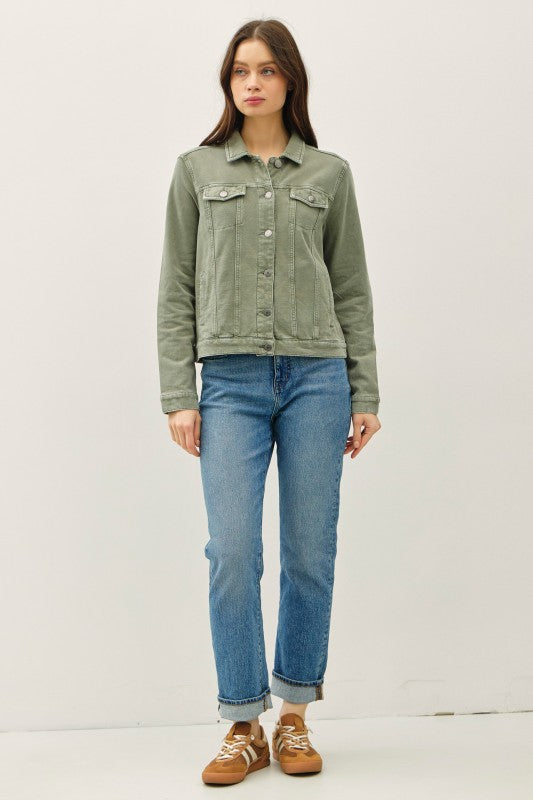 Sierra Soft Stretch Denim Shacket – Olive Green Button Front Shirt Jacket