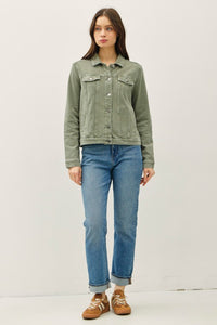 Sierra Soft Stretch Denim Shacket – Olive Green Button Front Shirt Jacket