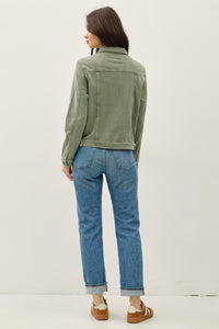 Sierra Soft Stretch Denim Shacket – Olive Green Button Front Shirt Jacket