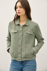 Sierra Soft Stretch Denim Shacket – Olive Green Button Front Shirt Jacket