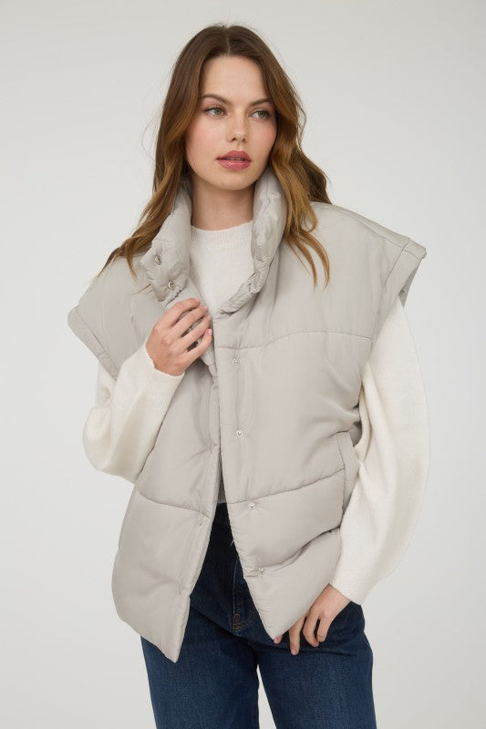 The Raegan Oversized Puffer Vest – Button Snap Quilted Layering Essential- Small-3X (Black & Stone)