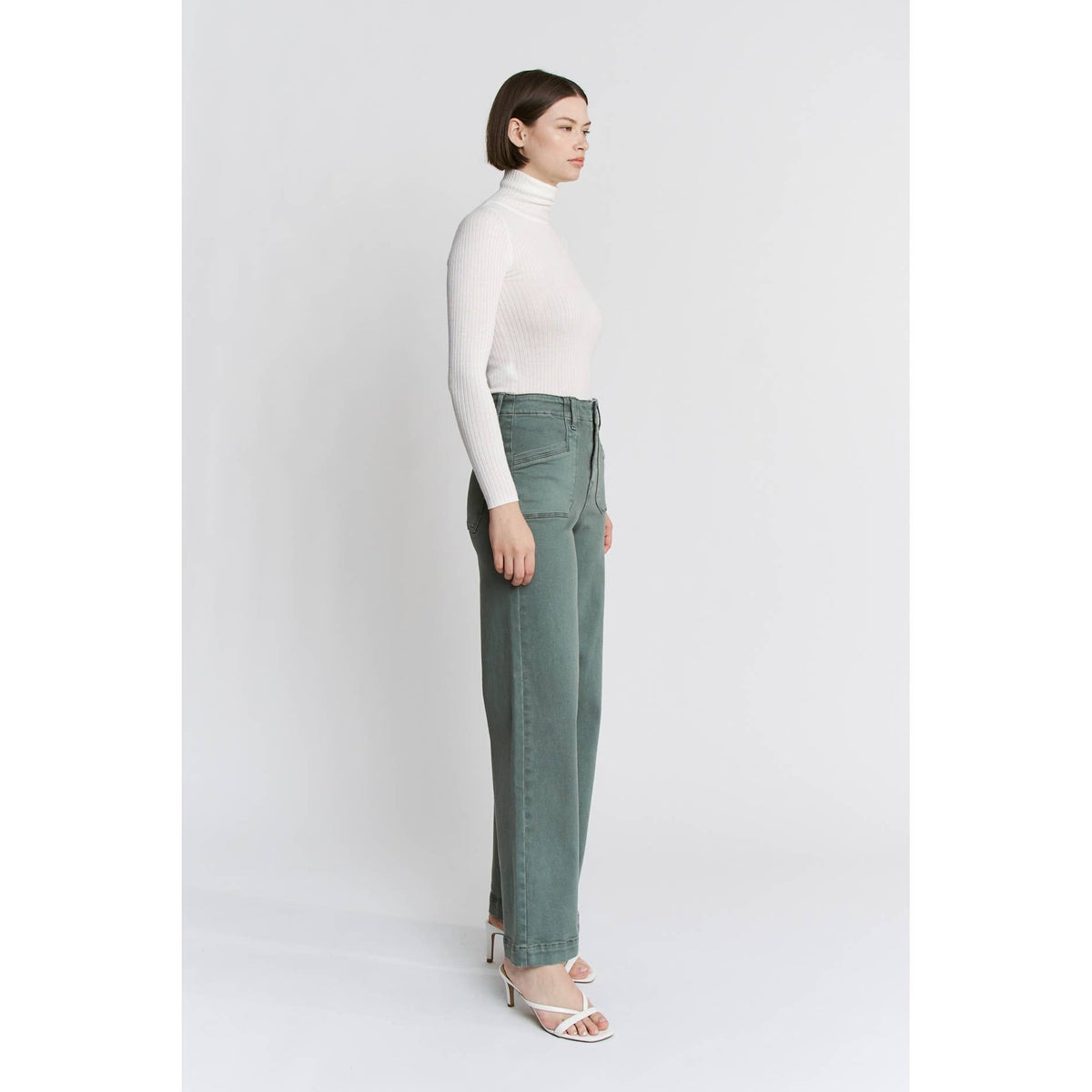 Mica Denim Remi High Rise Wide Leg Jeans – Sage Green Vintage Wash Stretch Denim