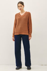 Autumn Ridge Chunky Knit V-Neck Sweater – Rust Cotton Pullover for Fall & Winter