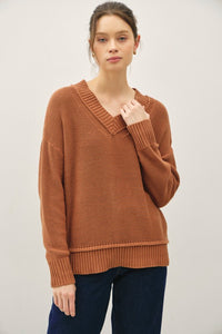Autumn Ridge Chunky Knit V-Neck Sweater – Rust Cotton Pullover for Fall & Winter