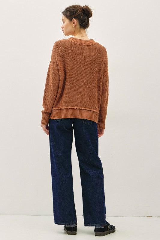Autumn Ridge Chunky Knit V-Neck Sweater – Rust Cotton Pullover for Fall & Winter