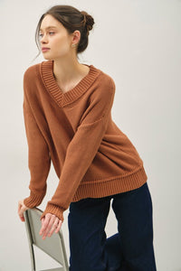 Autumn Ridge Chunky Knit V-Neck Sweater – Rust Cotton Pullover for Fall & Winter